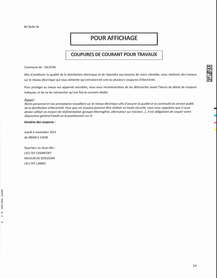 Coupure ENEDIS Mardi 04 11 25 Crawfort Moulin de Kerledan et Lanno
