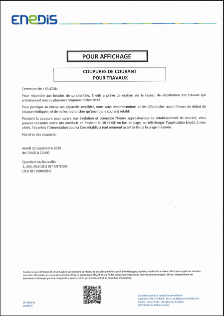 Coupure Enedis mardi 23 septembre 2025 Anterre Bormene