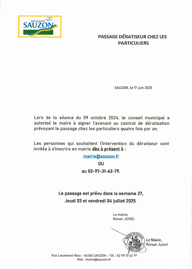Passage dratiseur le 03 et 4 juillet 2025